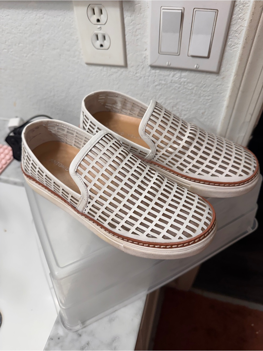 ANTONIO MELANI White Leather Perforated Slip-On Loafers